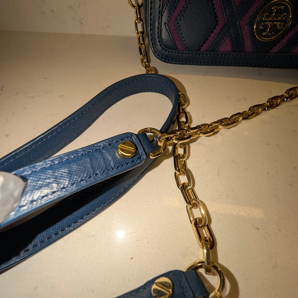 Tory Burch Blue and Purple Robinson Patchwork Chain Crossbody Bag